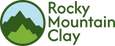 Rocky Mountain Clay logo featuring mountains and a blue sky, representing quality pottery and clay products.