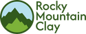 Rocky Mountain Clay logo featuring mountains and a blue sky, representing quality pottery and clay products.