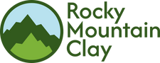 Rocky Mountain Clay logo featuring mountains and a blue sky, representing quality pottery and clay products.