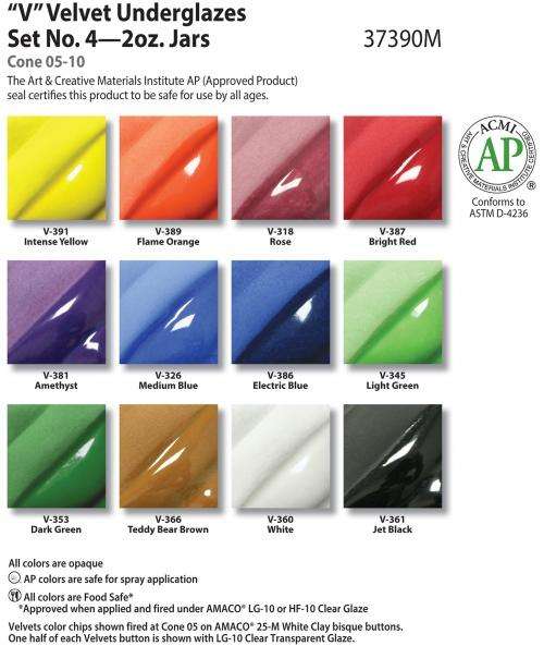 V Velvet Underglazes Set No. 4 in 2oz jars, featuring a range of colors for pottery and ceramic projects.