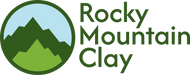 Rocky Mountain Clay logo featuring mountains and a blue sky, representing quality pottery and clay products.