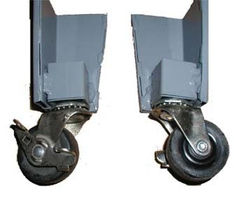Two gray adjustable caster wheels attached to a metal frame, ideal for mobile furniture or equipment.